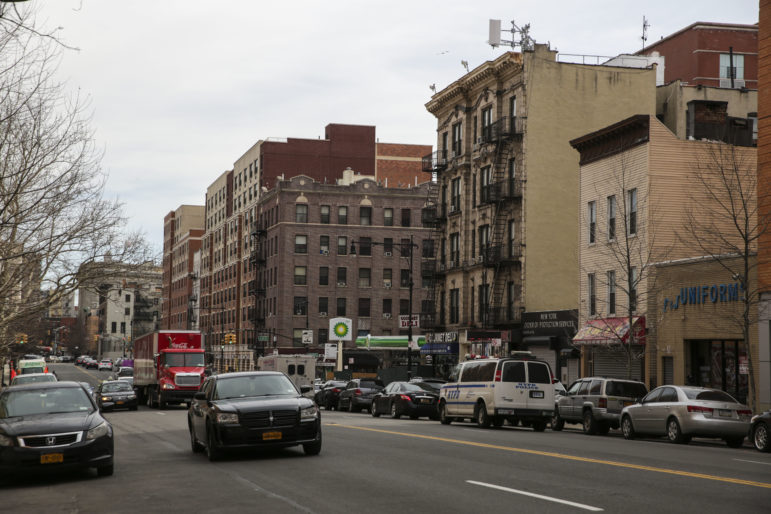 The view looking east down 161st street in the Bronx