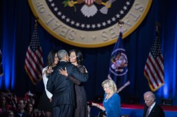 President Obama gives First Lady Michelle Obama a hug following his farewell speech at McCormick Place. The president said the First Lady “took on a role you didn’t ask for. And you made it your own with grace and with grit, style and good humor.”