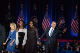 President Obama, First Lady Michelle Obama, Malia Obama and the Bidens wave goodbye to the audience following the farewell speech at McCormick Place.