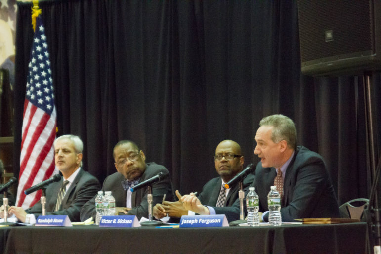 Chicago Inspector General Joseph Ferguson, right, addresses members of the community at a Police Accountability Task Force public forum in Pilsen on February 23.