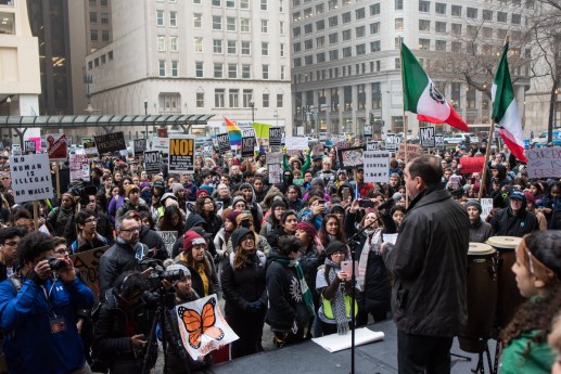 Cook County Commissioner Jesus “Chuy” Garcia speaks to a crowd of several hundred gathered at Daley Plaza to protest the presidential inauguration of Donald Trump on Friday, Jan. 20, 2017.