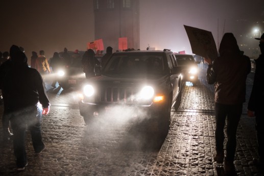 Anti-Trump protesters temporarily stop traffic on Lake Shore Drive during a demonstration on Inauguration Day.