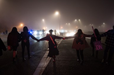 Anti-Trump protesters temporarily stop traffic on Lake Shore Drive in Chicago during an Inauguration Day demonstration on Jan. 20, 2017.