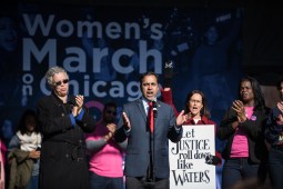 Illinois Rep. Raja Krishnamoorthi speaks at the Women’s March on Chicago, with Cook County Board President Toni Preckwinkle, Illinois Attorney General Lisa Madigan, and Cook County State’s Attorney Kim Foxx joining him on stage in Grant Park.