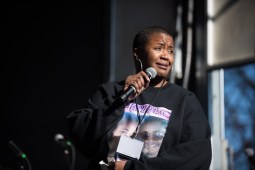 Cleopatra Cowley-Pendleton, mother of teenage gun violence victim Hadiya Pendleton, speaks about her work with the Hadiya Pendleton Foundation at the Chicago Women's March on Chicago.