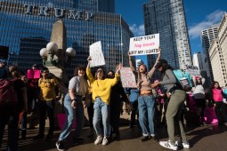 Participants in the Women's March on Chicago party in protest near Trump Tower after the rally in Grant Park.